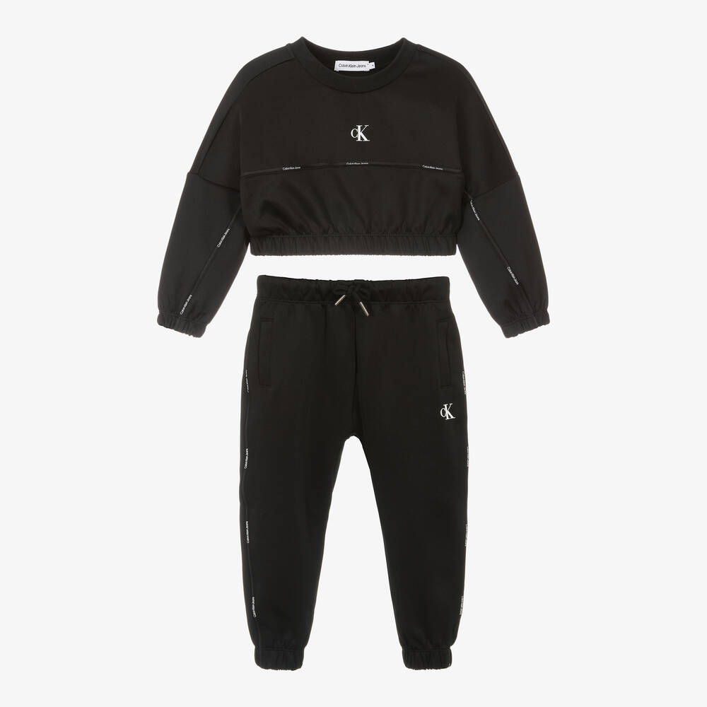 Calvin Klein - بدلة رياضية جيرسي لون أسود للبنات | Childrensalon