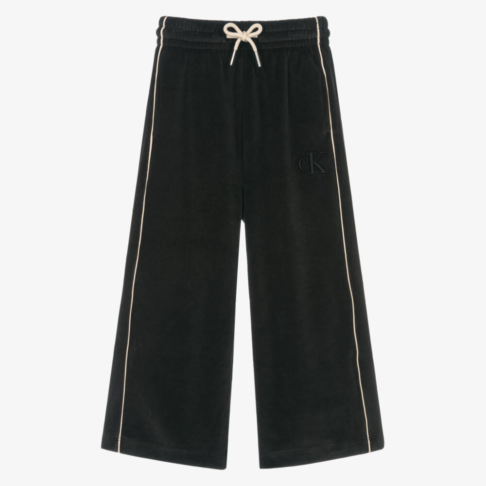 Calvin Klein-Girls Black Velour Joggers with Ivory Piping & Embroidered Logo | Childrensalon Outlet