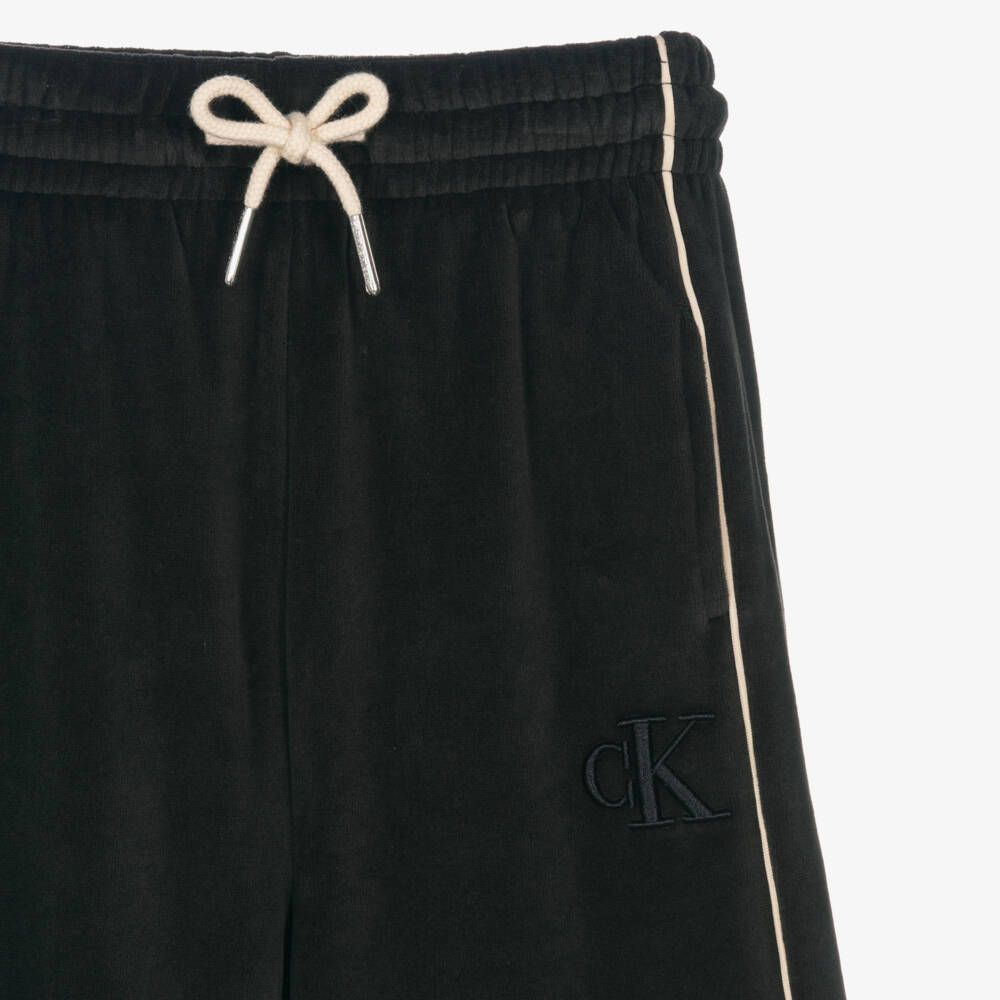 Calvin Klein-Girls Black Velour Joggers with Ivory Piping & Embroidered Logo | Childrensalon Outlet