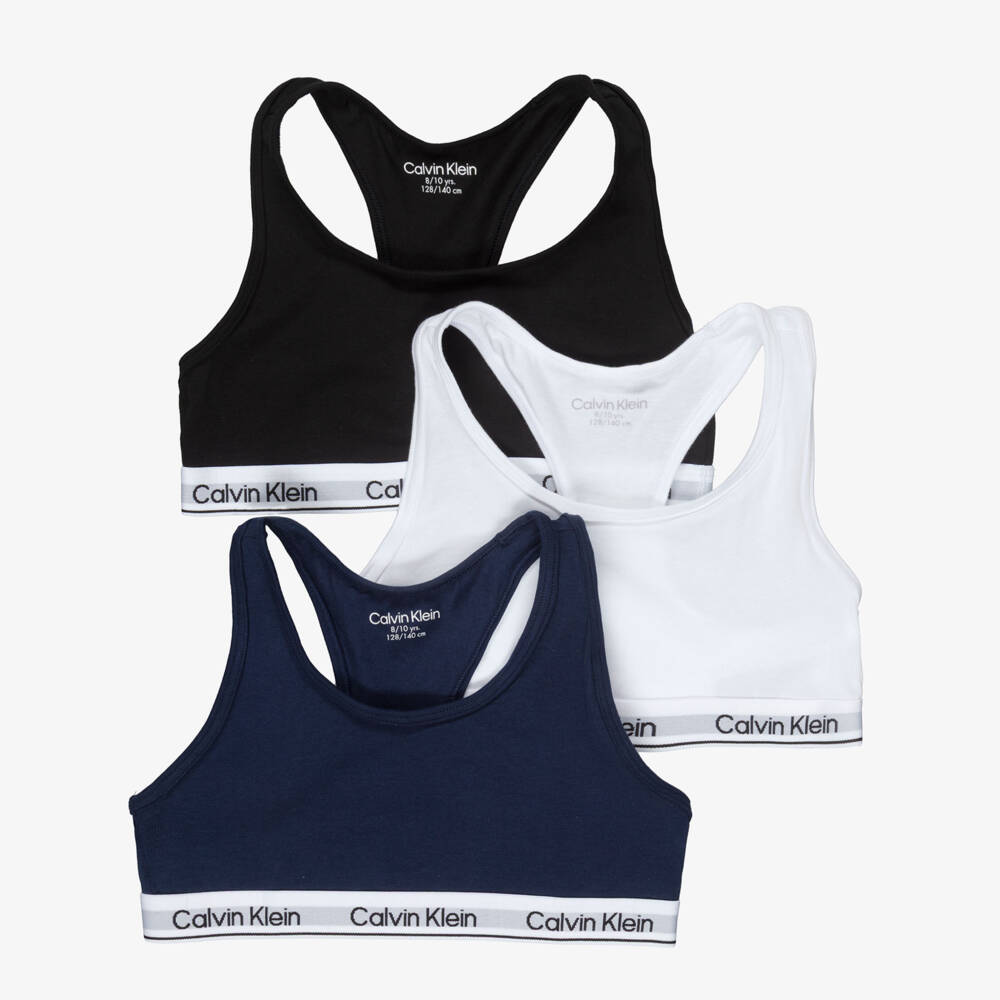Calvin Klein-Girls Black, White & Blue Cotton Cropped Tops (3 Pack) | Childrensalon Outlet