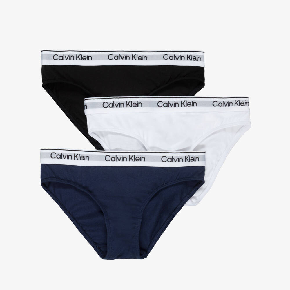 Calvin Klein-Girls Black, White & Blue Cotton Knickers (3 Pack) | Childrensalon Outlet