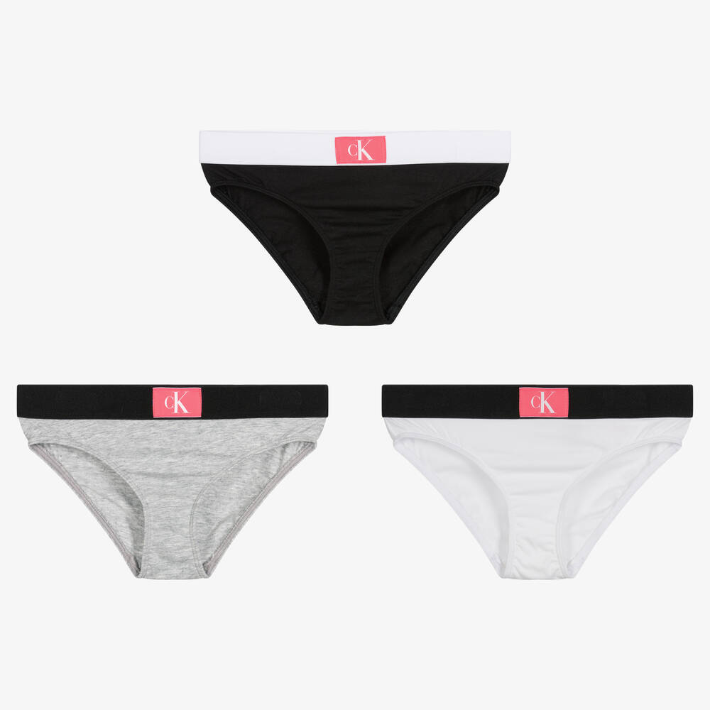 Calvin Klein-Girls Black, White & Grey Knickers (3 Pack) | Childrensalon Outlet