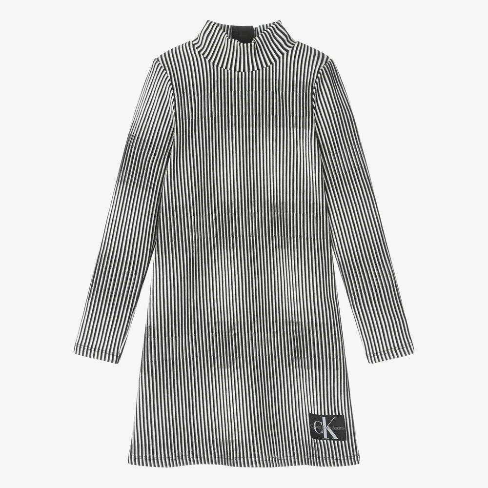 Calvin Klein - Girls Black & White Ribbed Dress | Childrensalon