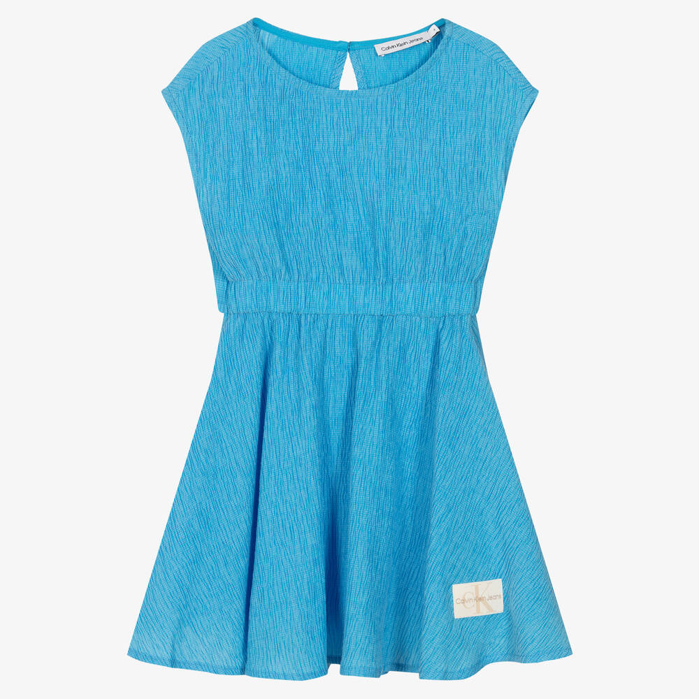 Calvin Klein Jeans - Girls Blue Crinkle Flare Dress | Childrensalon