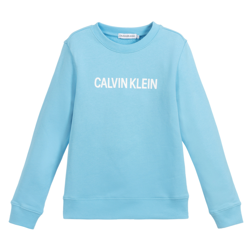 Calvin Klein Jeans - سويتشيرت قطن لون أزرق وأبيض للبنات | Childrensalon