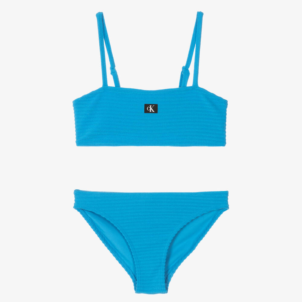 Calvin Klein-Girls Blue Ribbed Monogram Bikini | Childrensalon Outlet