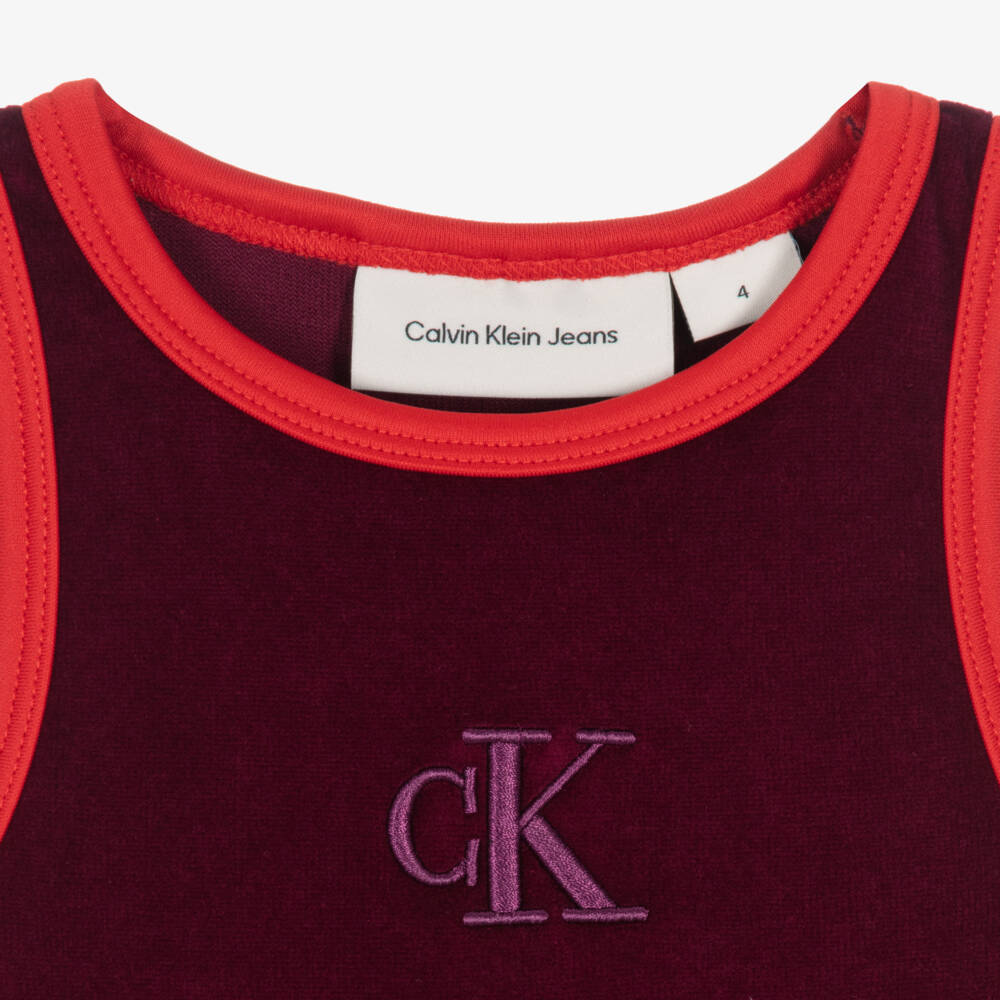 Calvin Klein-Girls Burgundy Red Velour Dress with Monogram Logo | Childrensalon Outlet