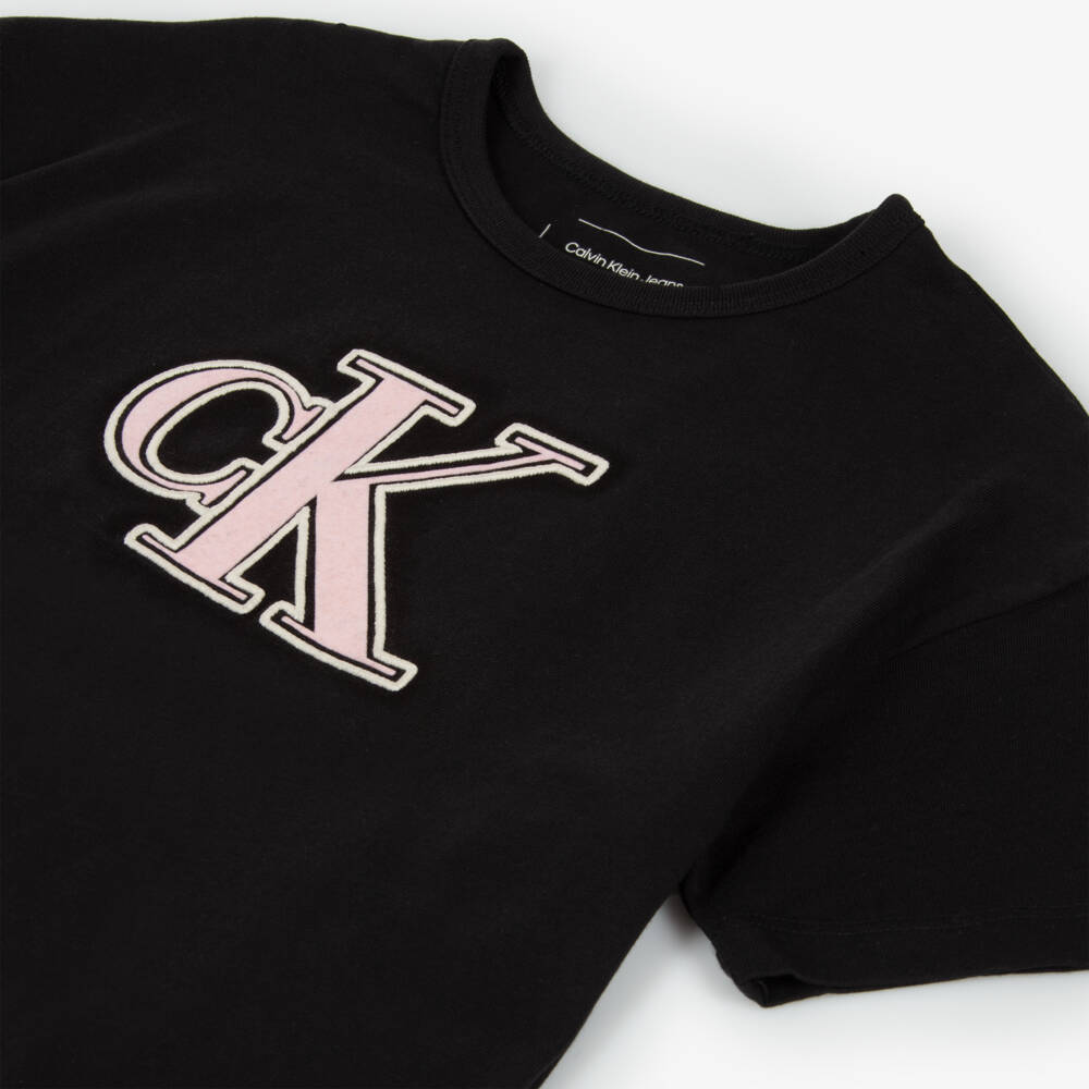 Calvin Klein-Girls Charcoal Cotton Logo Tee | Childrensalon Outlet