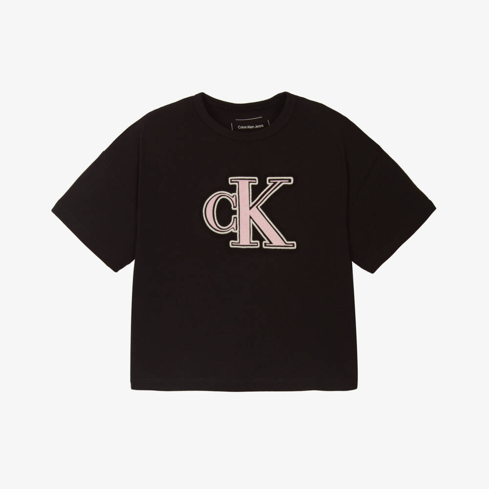Calvin Klein-Girls Charcoal Cotton Logo Tee | Childrensalon Outlet