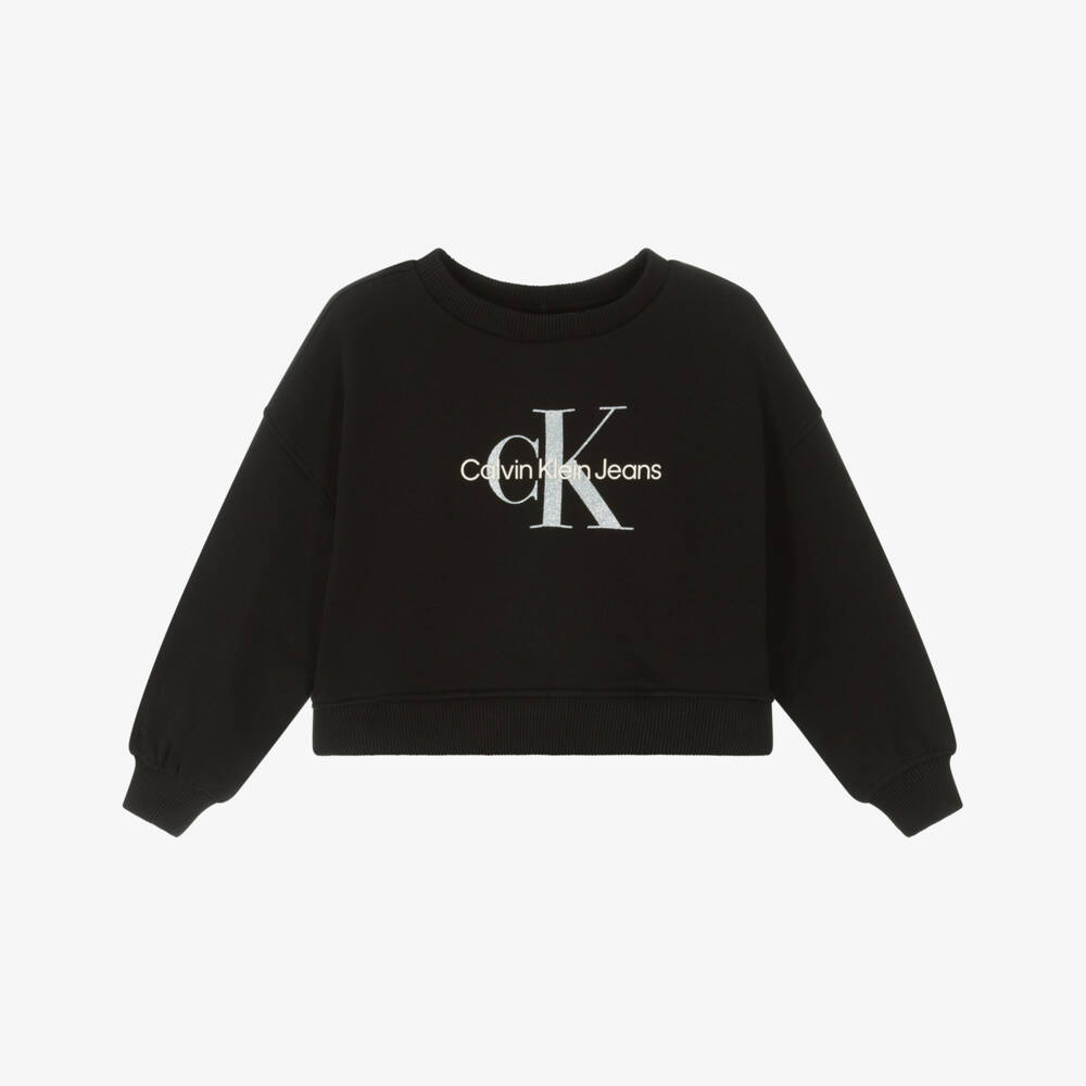 Calvin Klein-Хлопковый пуловер с монограммой для девочек в угольном цвете | Childrensalon Outlet