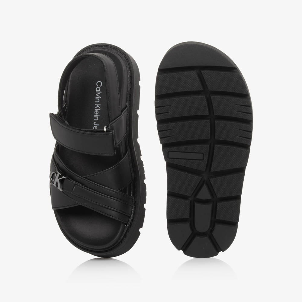 كالفين كلاين-صنادل سوداء سميكة للبنات من الجلد الصناعي | Childrensalon Outlet