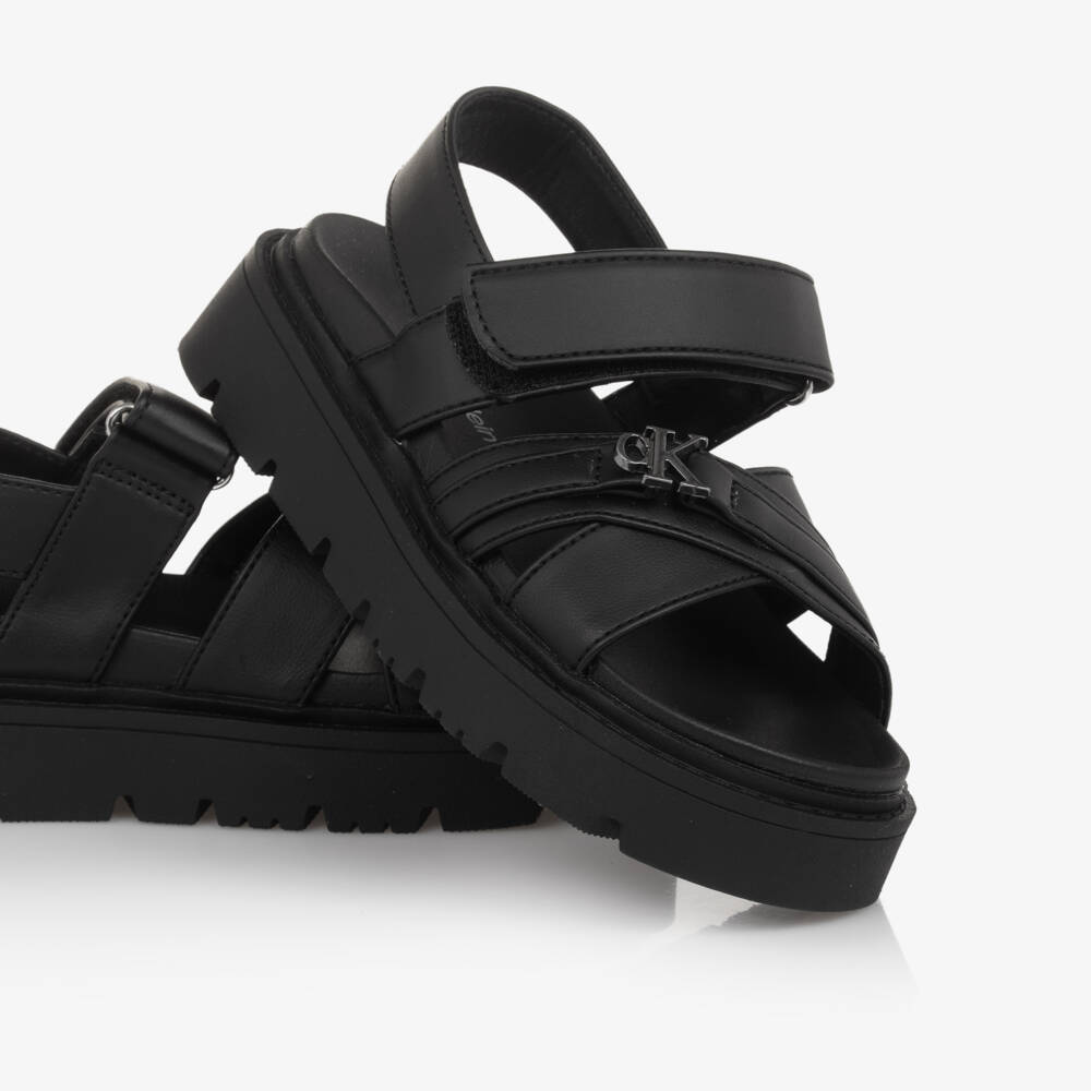 كالفين كلاين-صنادل سوداء سميكة للبنات من الجلد الصناعي | Childrensalon Outlet