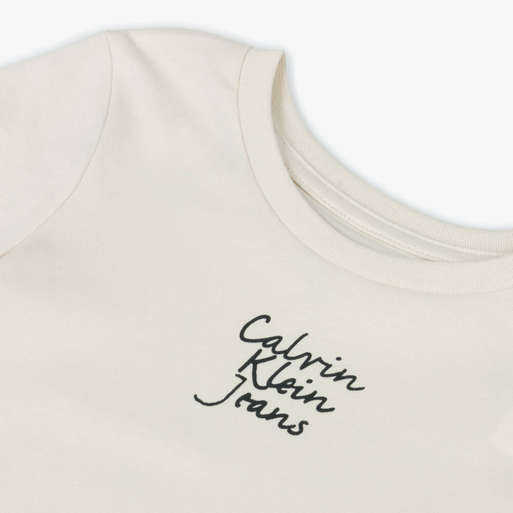 Calvin Klein-Girls Classic Beige Cotton Tee | Childrensalon Outlet