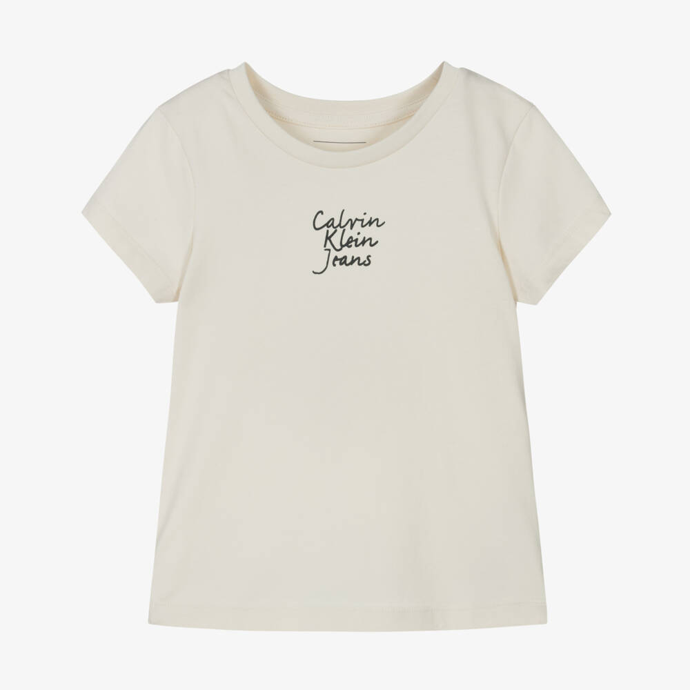 Calvin Klein-Girls Classic Beige Cotton Tee | Childrensalon Outlet