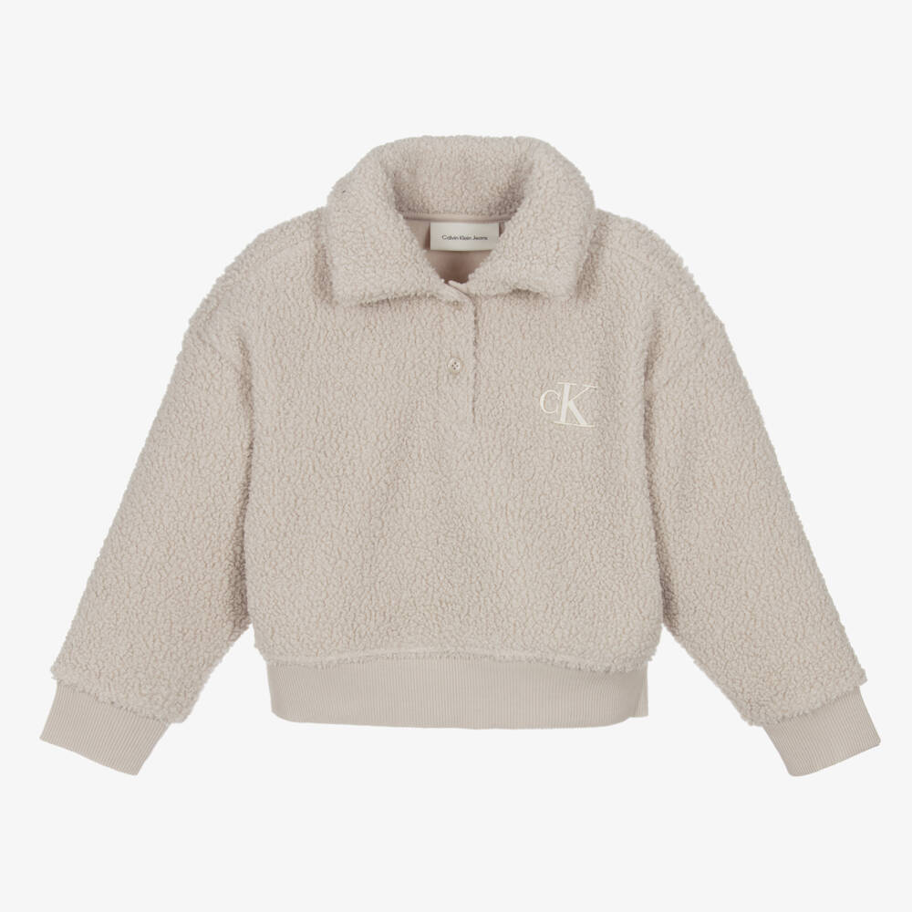 Calvin Klein-Girls Cozy Beige Teddy Pullover | Childrensalon Outlet