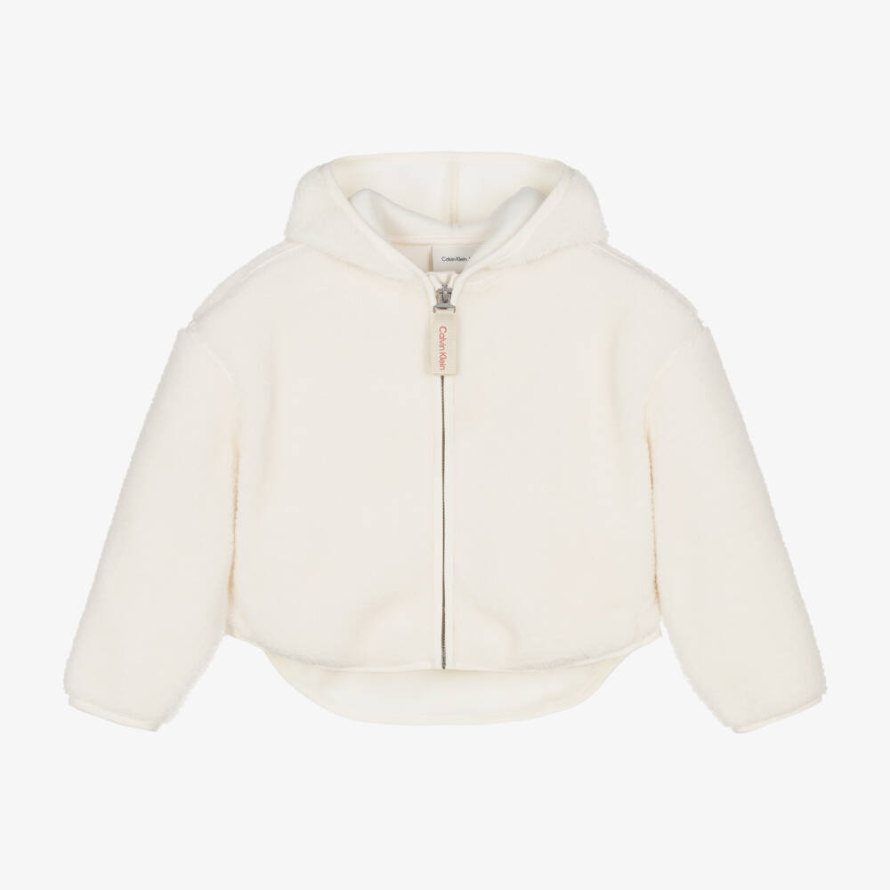 Calvin Klein-توب بسحاب فليس شيربا لون عاجي للبنات | Childrensalon Outlet