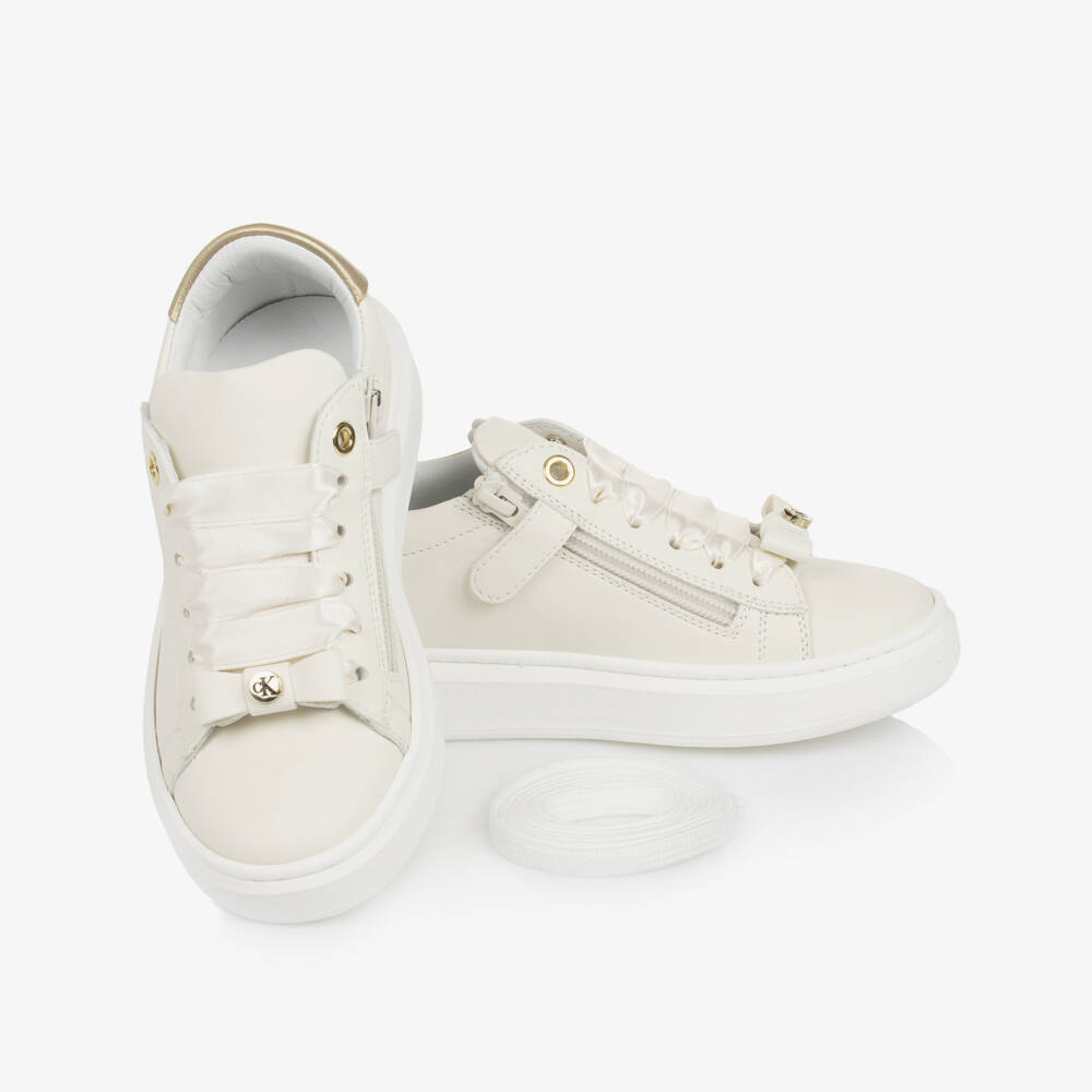 Calvin Klein-Girls Creamy Faux Leather Sneakers | Childrensalon Outlet