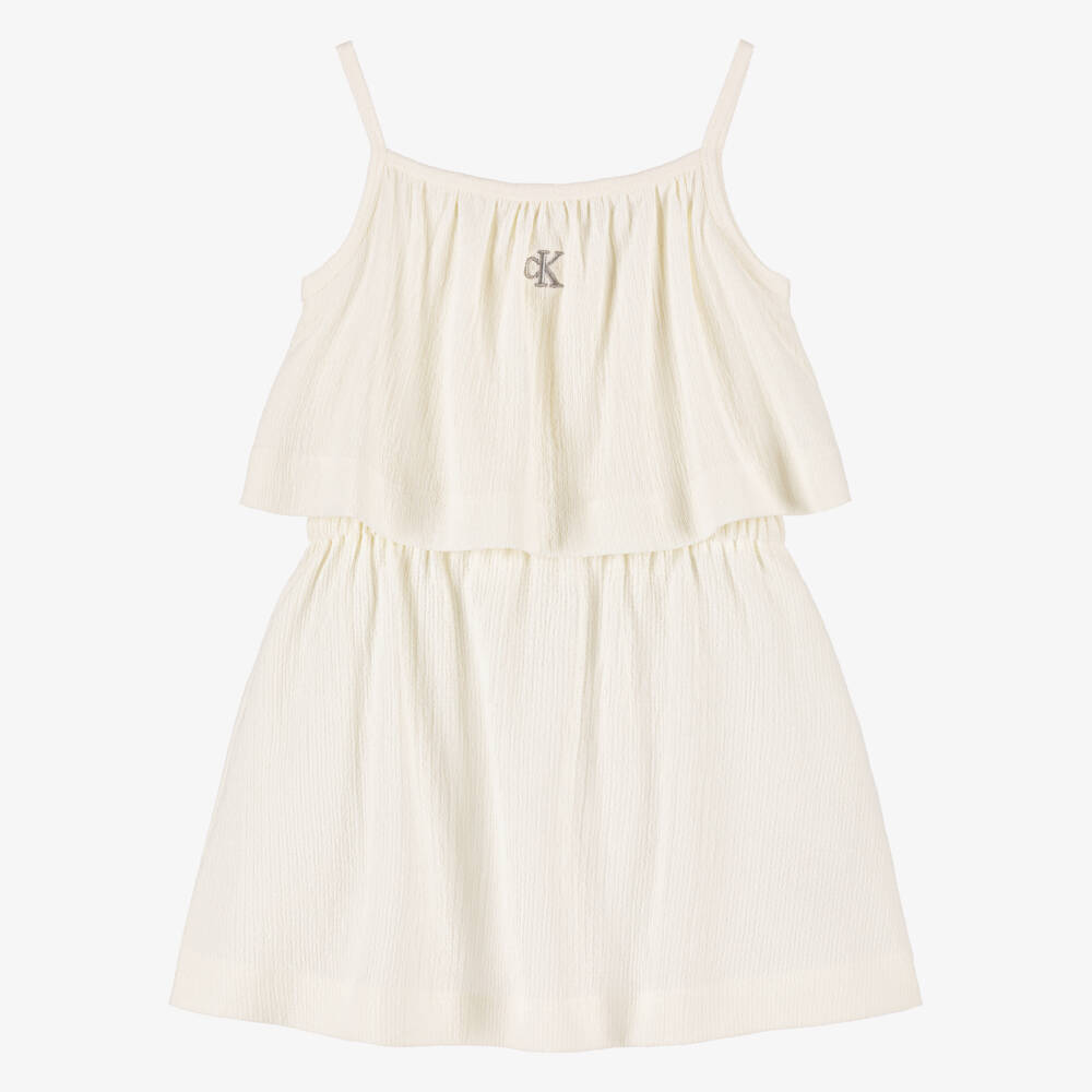 Calvin Klein-فستان عاجي مجعد بطبقات للبنات | Childrensalon Outlet