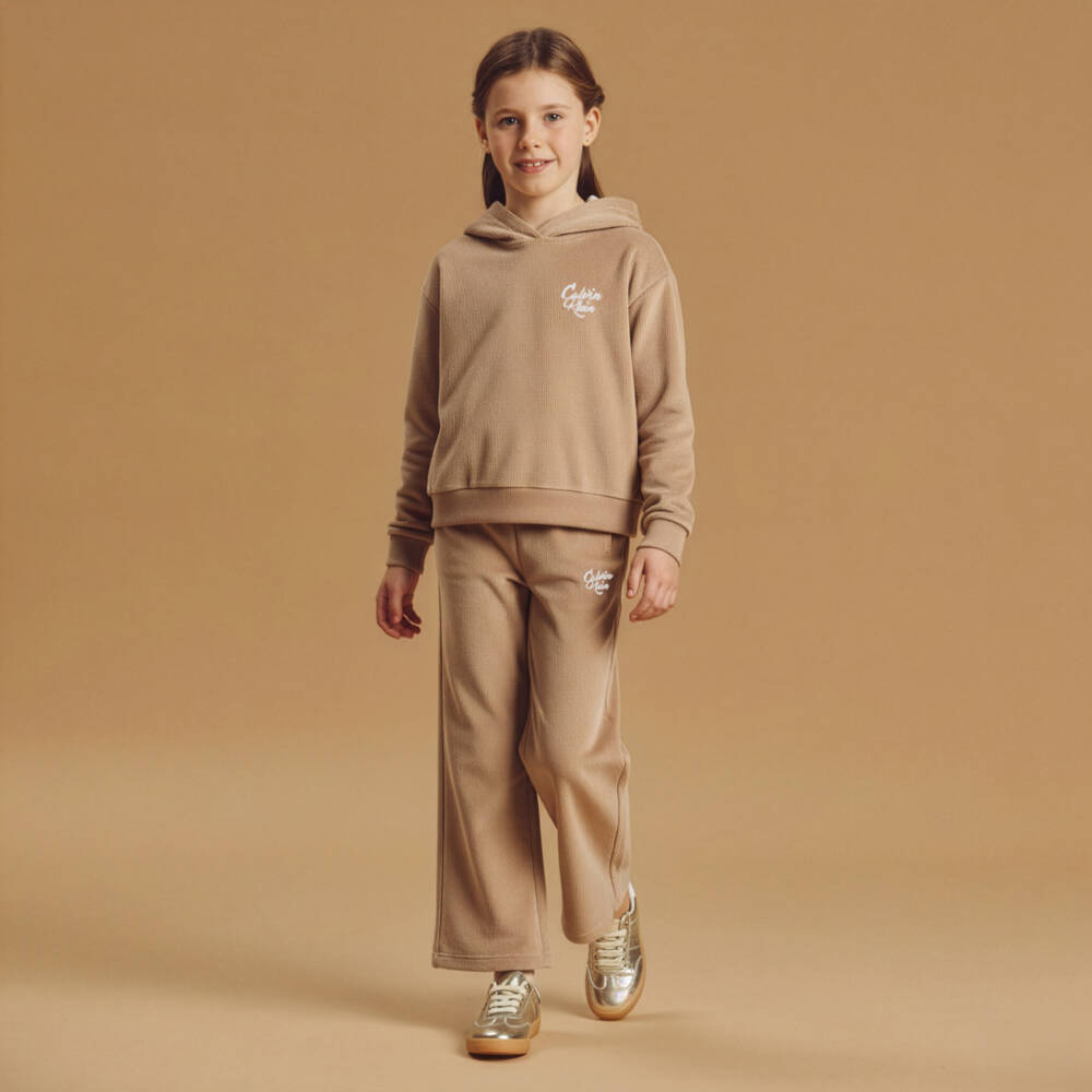 Calvin Klein-Girls Dark Beige Ribbed Velour Trouser Set | Childrensalon Outlet
