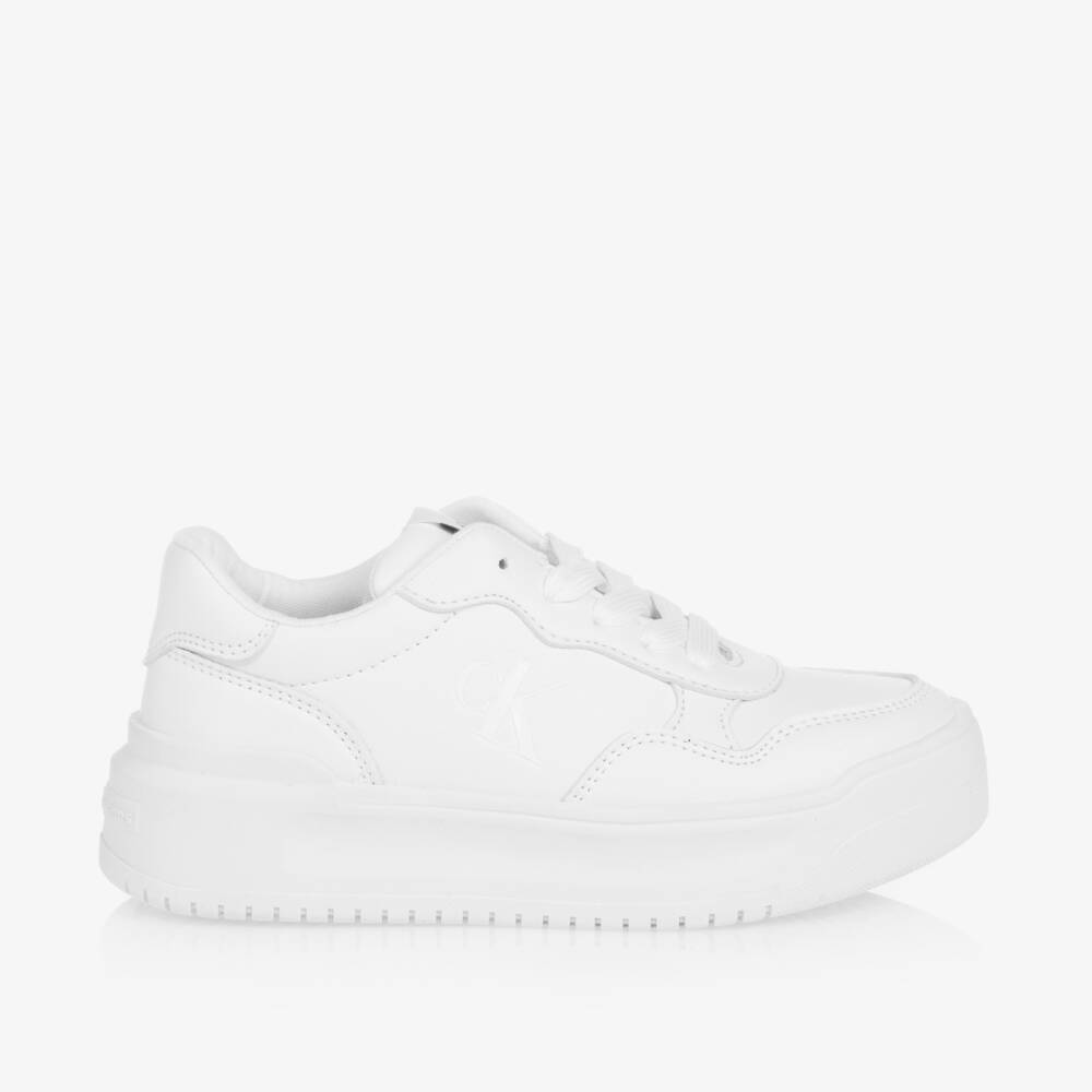 Calvin Klein-Girls Faux Leather White Trainers | Childrensalon Outlet