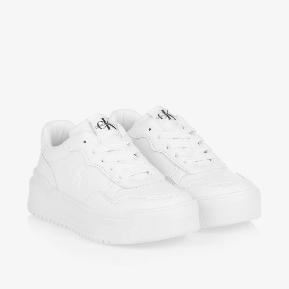 Calvin Klein-Girls Faux Leather White Trainers | Childrensalon Outlet
