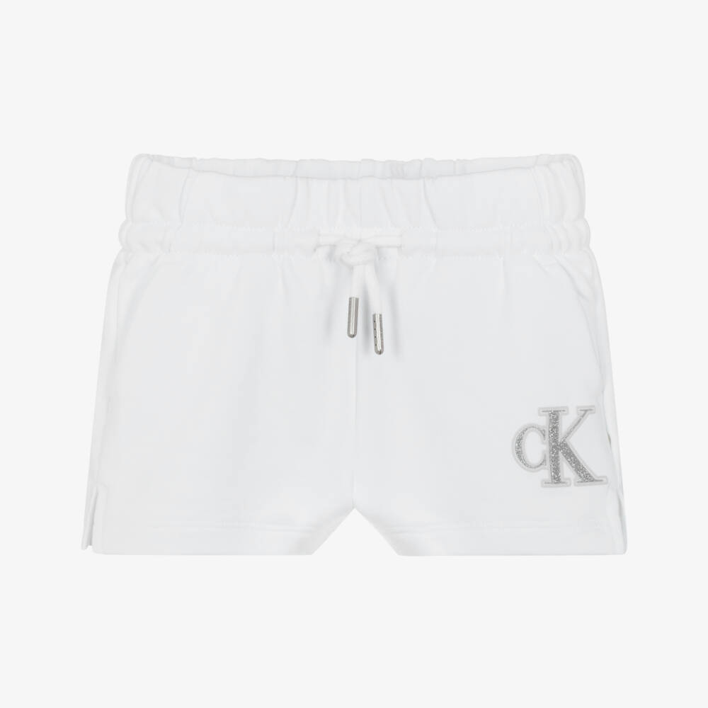 Calvin Klein-Girls Glittery White Cotton Logo Shorts | Childrensalon Outlet