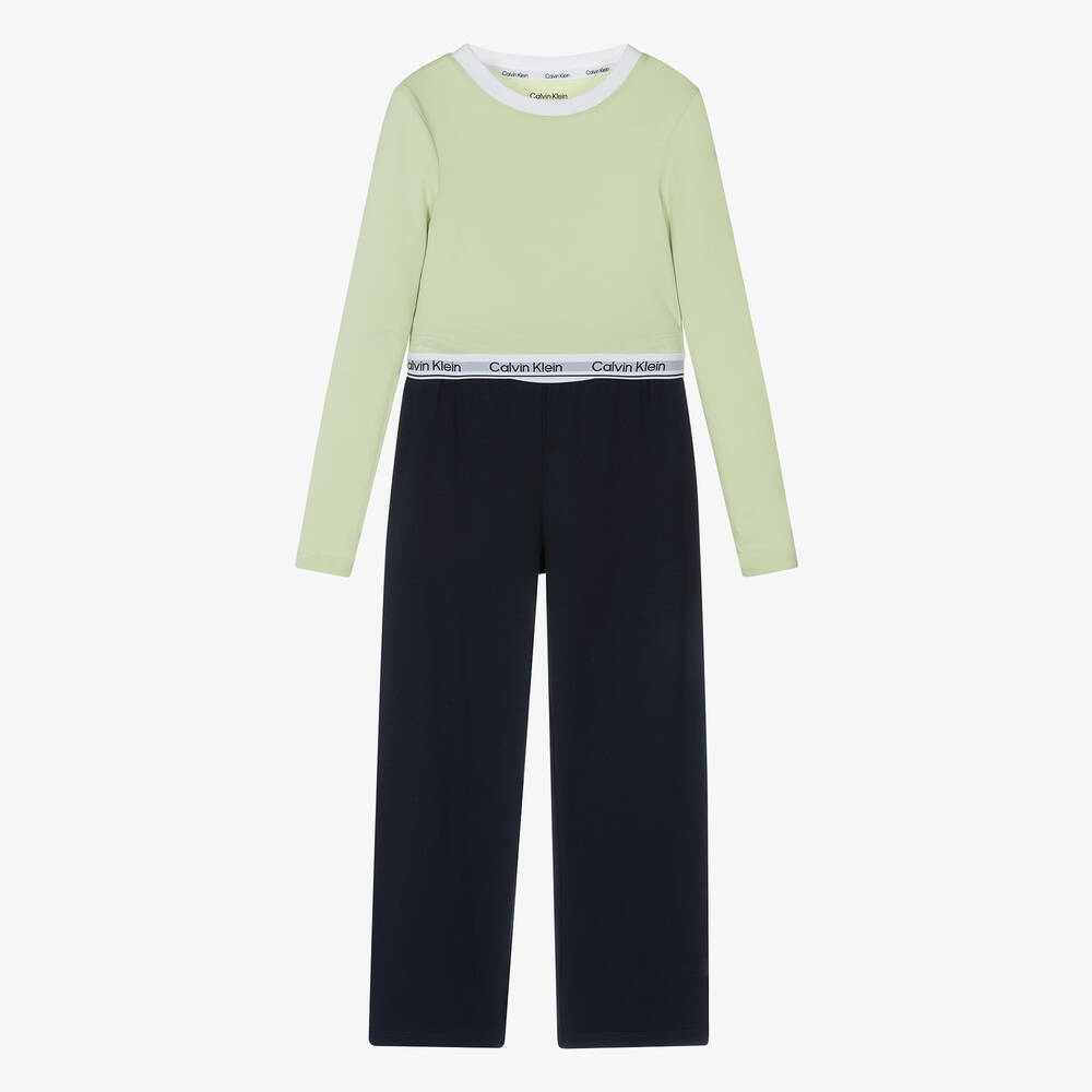 Calvin Klein - Girls Green & Blue Cotton Pyjamas | Childrensalon