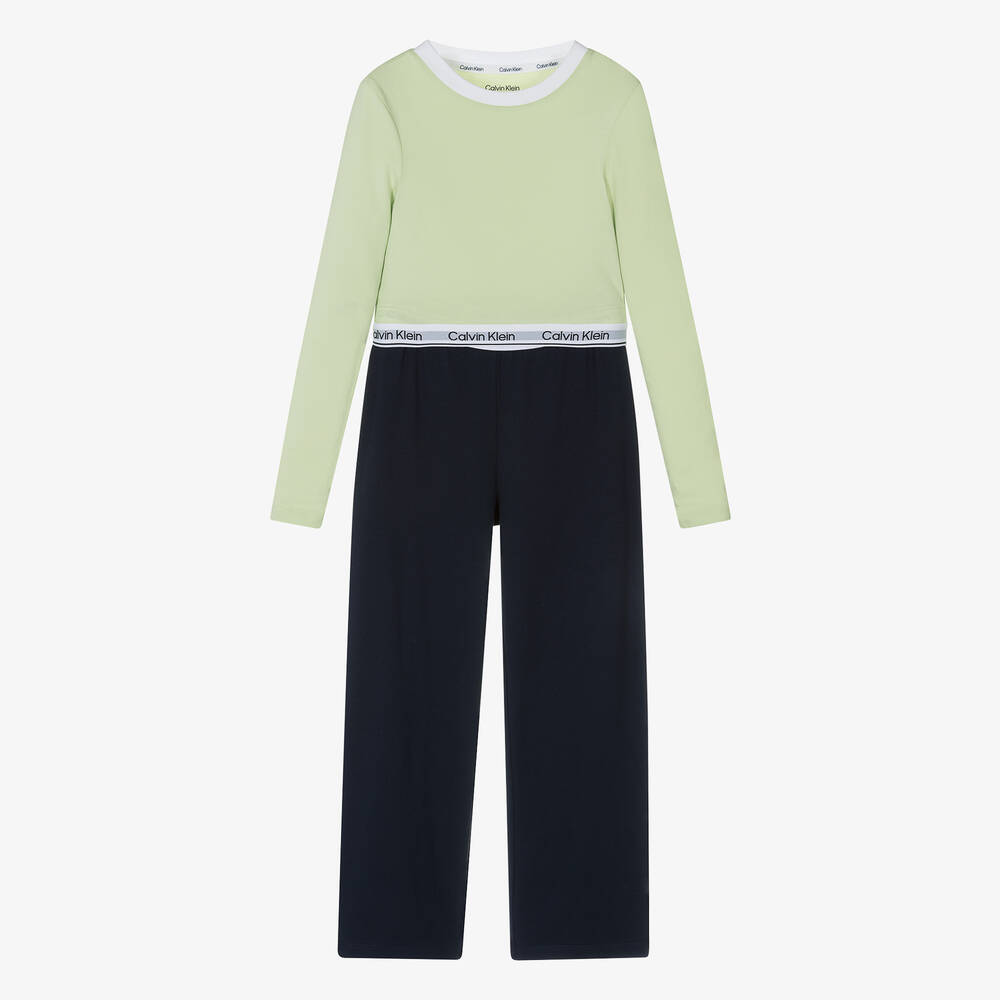 Calvin Klein-Girls Green & Blue Cotton Pyjamas | Childrensalon Outlet