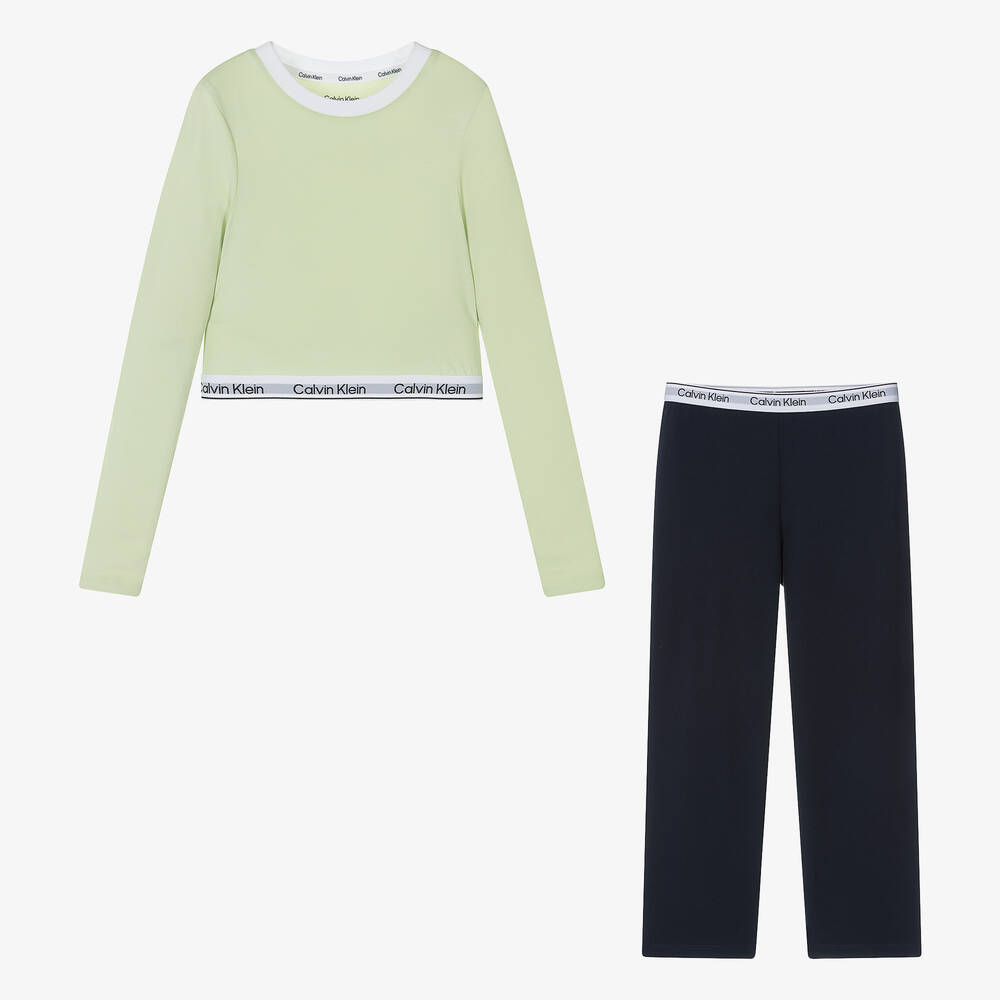 Calvin Klein-بيجاما قطن جيرسي لون أخضر وكحلي للبنات | Childrensalon Outlet
