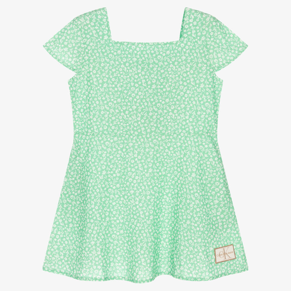 Calvin Klein Jeans - Girls Green Cotton Flower Print Dress | Childrensalon