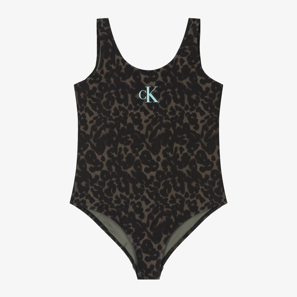 Calvin Klein-Girls Green Leopard Print Swimsuit | Childrensalon Outlet