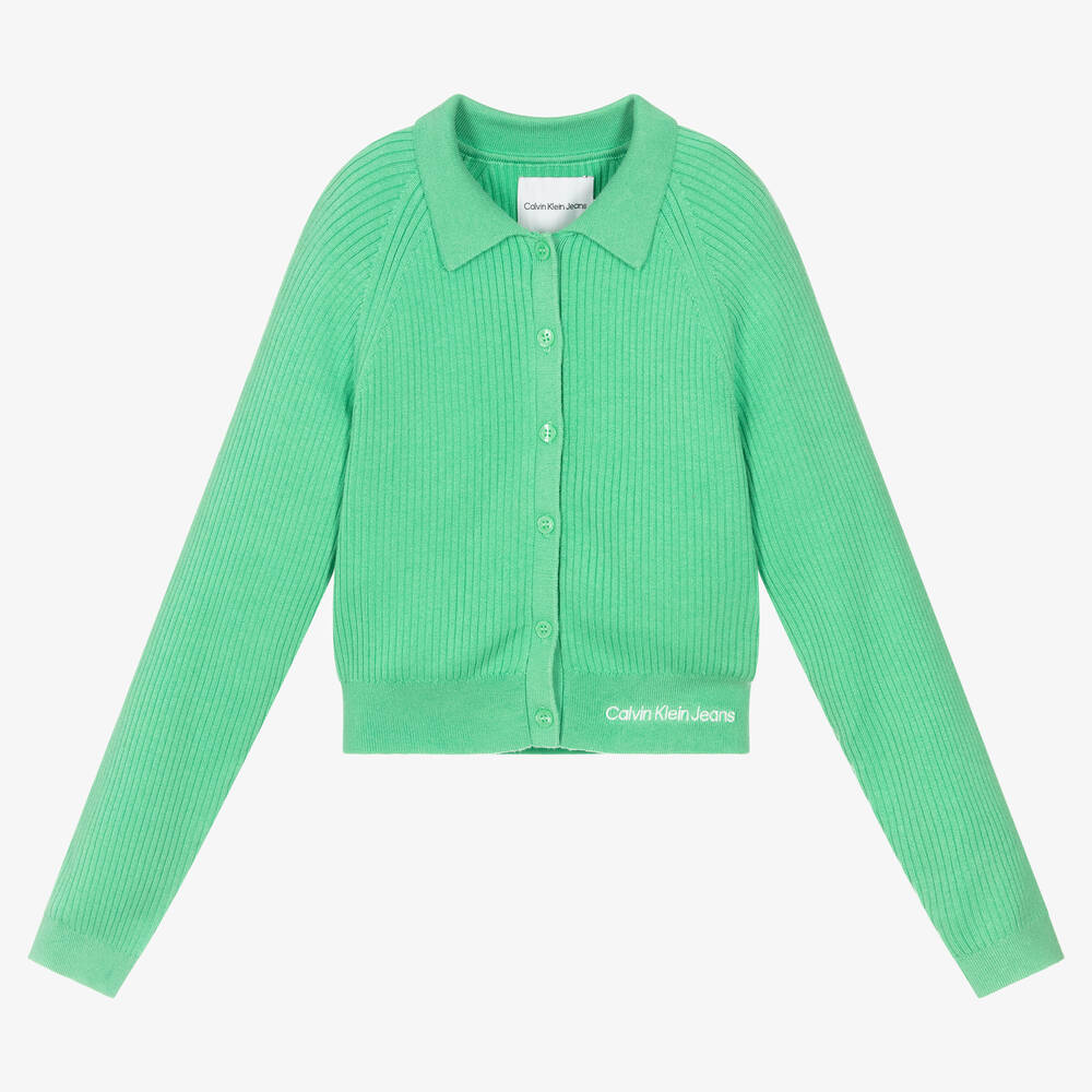 Calvin Klein Jeans - Girls Green Logo Knit Cardigan | Childrensalon