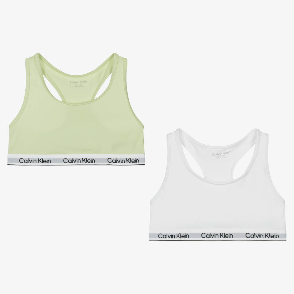 Calvin Klein - Lot de 2 brassières en coton vert et blanc fille | Childrensalon