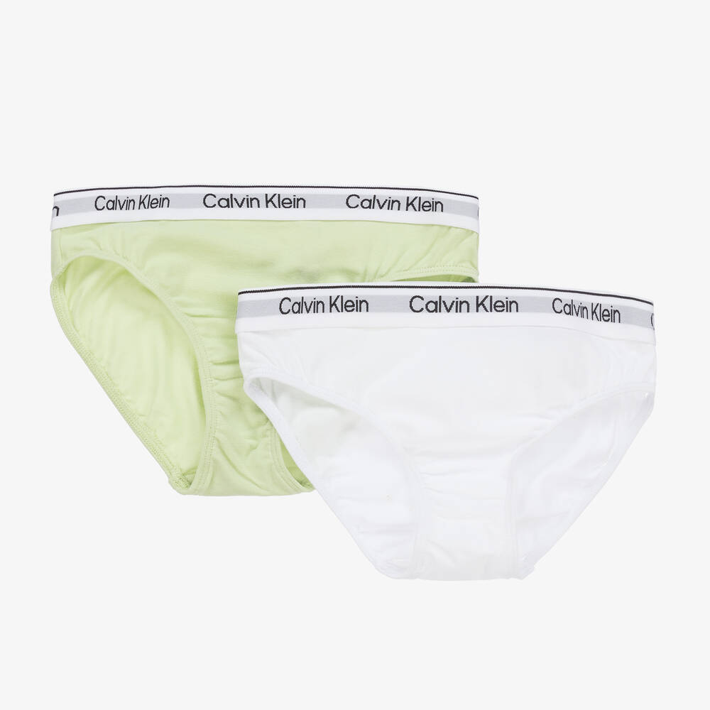 Calvin Klein - سروال داخلي قطن لون أخضر وأبيض للبنات (عدد 2) | Childrensalon