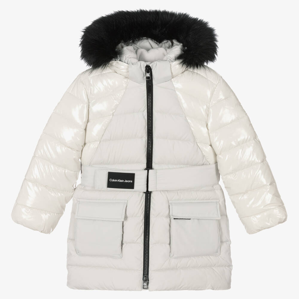 Calvin Klein Jeans - Girls Grey Belted Puffer Coat | Childrensalon