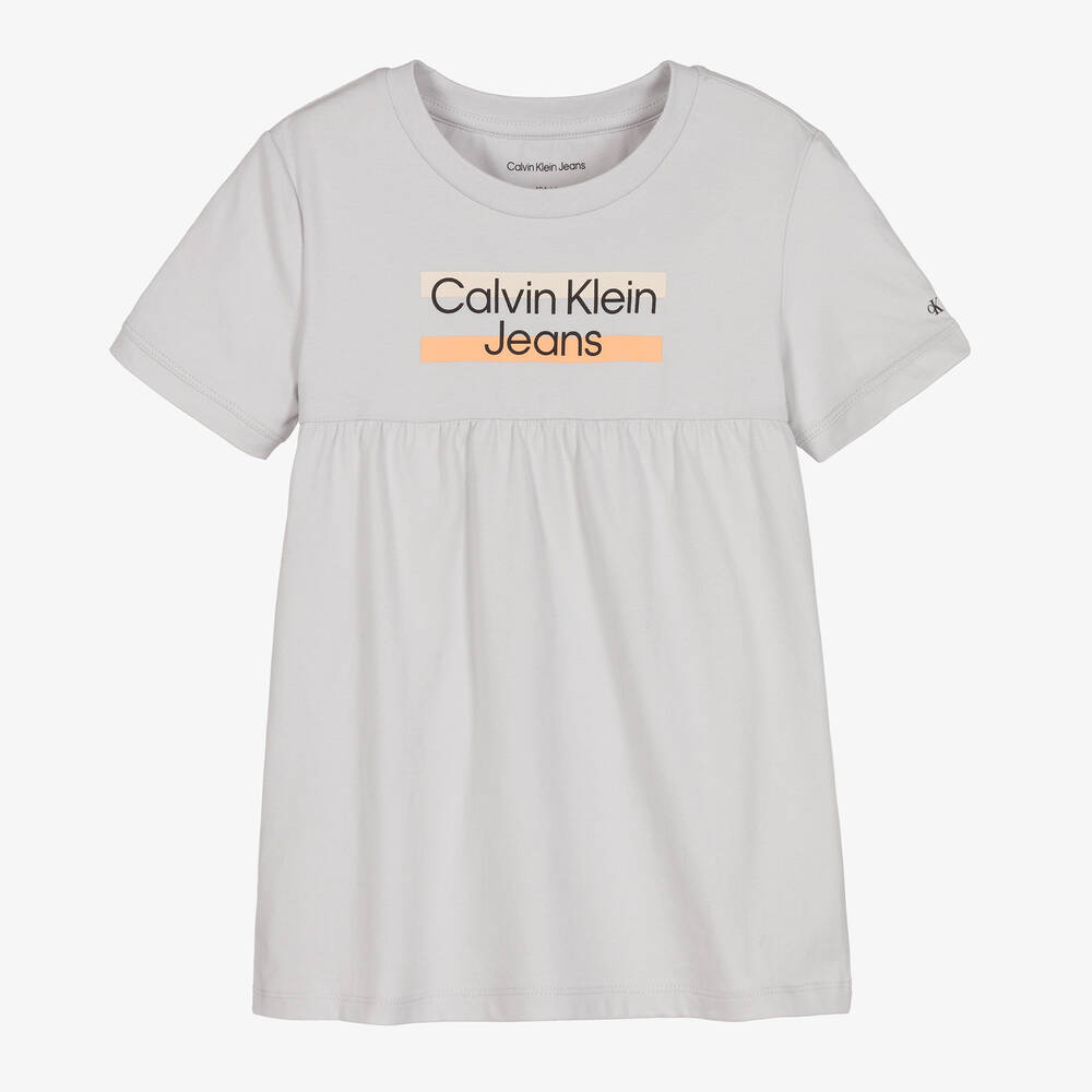 Calvin Klein Jeans - فستان أطفال بناتي قطن جيرسي لون رمادي فاتح | Childrensalon
