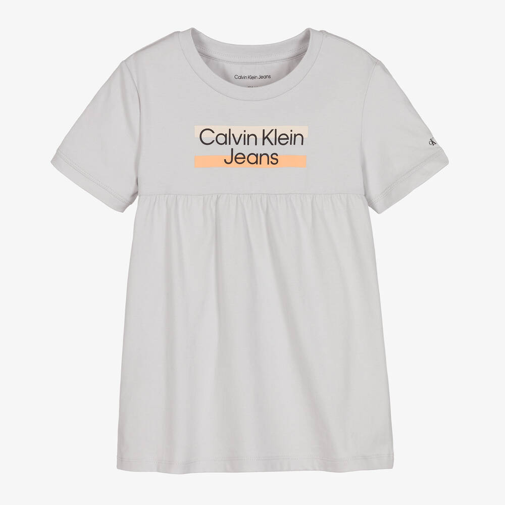 Calvin Klein Jeans-Girls Grey Cotton Logo Dress | Childrensalon Outlet
