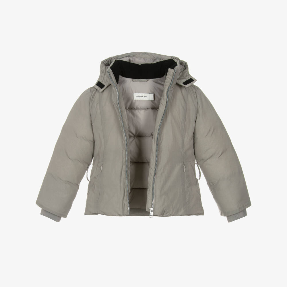 Calvin Klein-Girls Grey Hooded Belted Jacket | Childrensalon Outlet