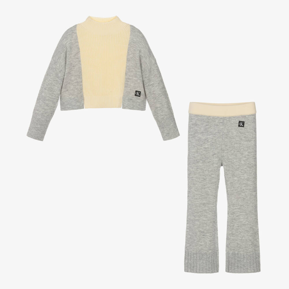 Calvin Klein-طقم بنطلون أكريليك محبوك لون رمادي وعاجي للبنات | Childrensalon Outlet