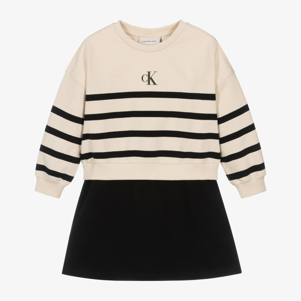 Calvin Klein-Girls Ivory & Black Striped Cotton Sweatshirt Dress | Childrensalon Outlet