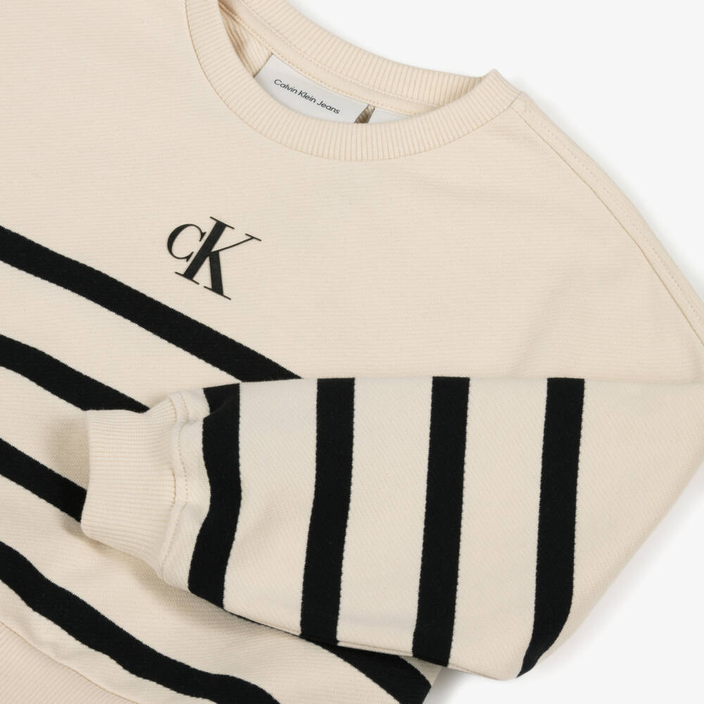 Calvin Klein-Girls Ivory & Black Striped Cotton Sweatshirt Dress | Childrensalon Outlet