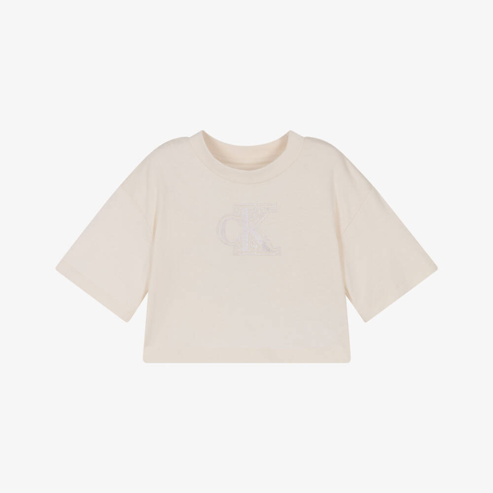 Calvin Klein-Girls Ivory Cotton CK Logo Boxy T-Shirt | Childrensalon Outlet