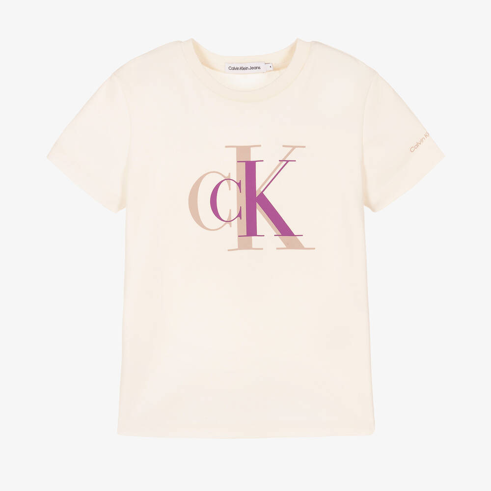 Calvin Klein Jeans - Кремовая хлопковая футболка CK | Childrensalon