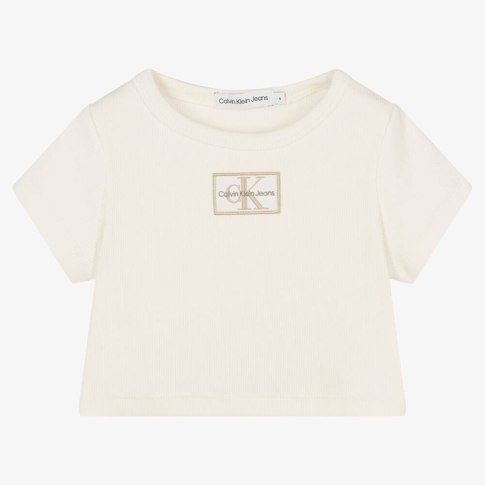 Calvin Klein Jeans - Girls Ivory Cotton Cropped T-Shirt | Childrensalon
