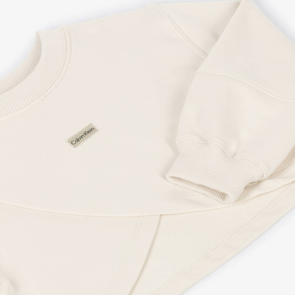 Calvin Klein-Girls Ivory Cotton Fold-Over Sweatshirt | Childrensalon Outlet