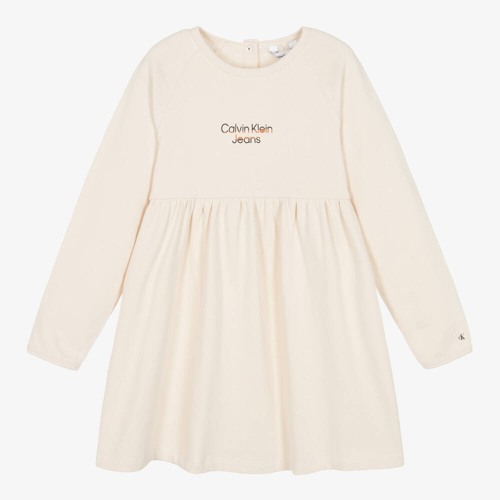 Calvin Klein - فستان أطفال بناتي قطن عضوي لون عاجي | Childrensalon