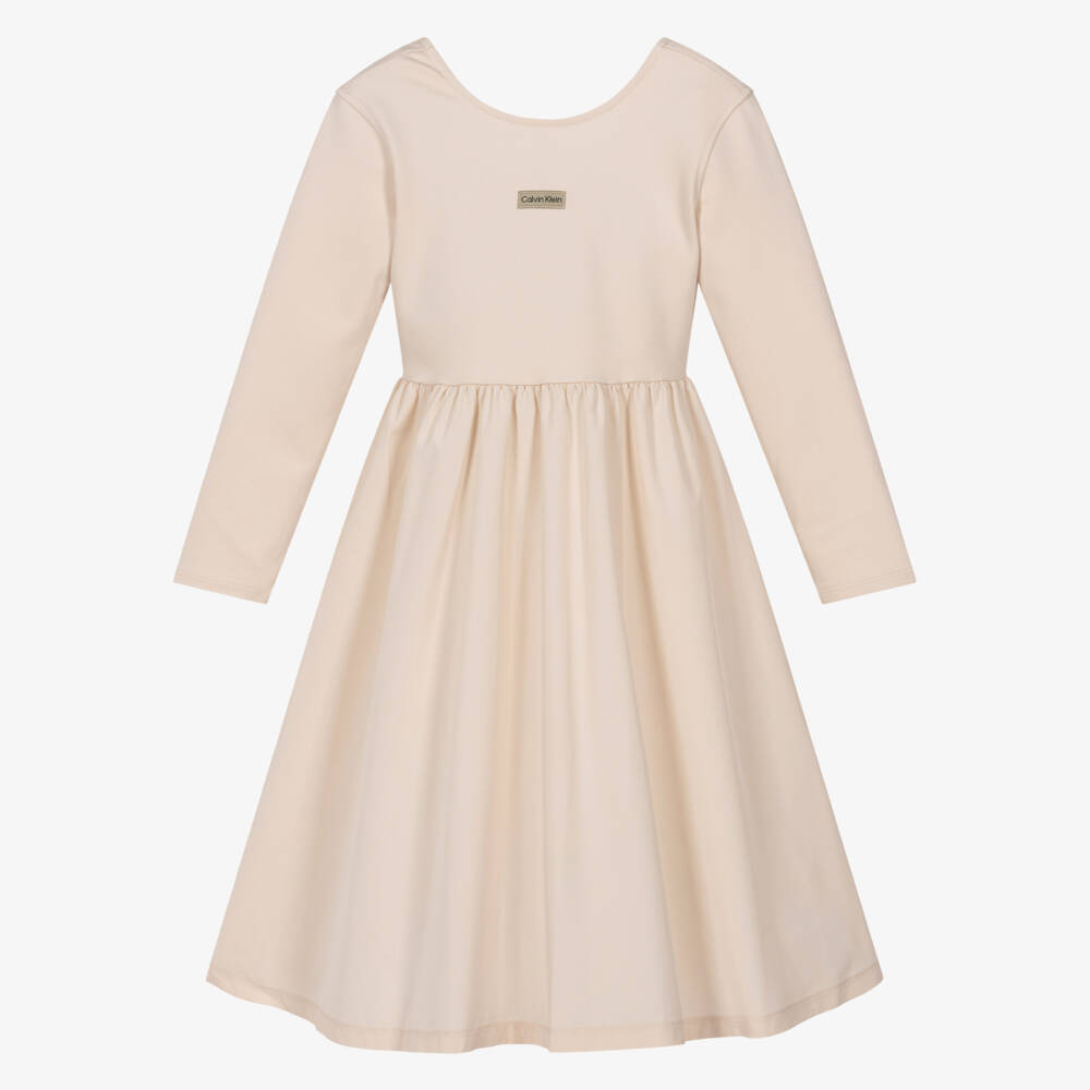 Calvin Klein-Girls Ivory Cotton Jersey & Satin Dress | Childrensalon Outlet