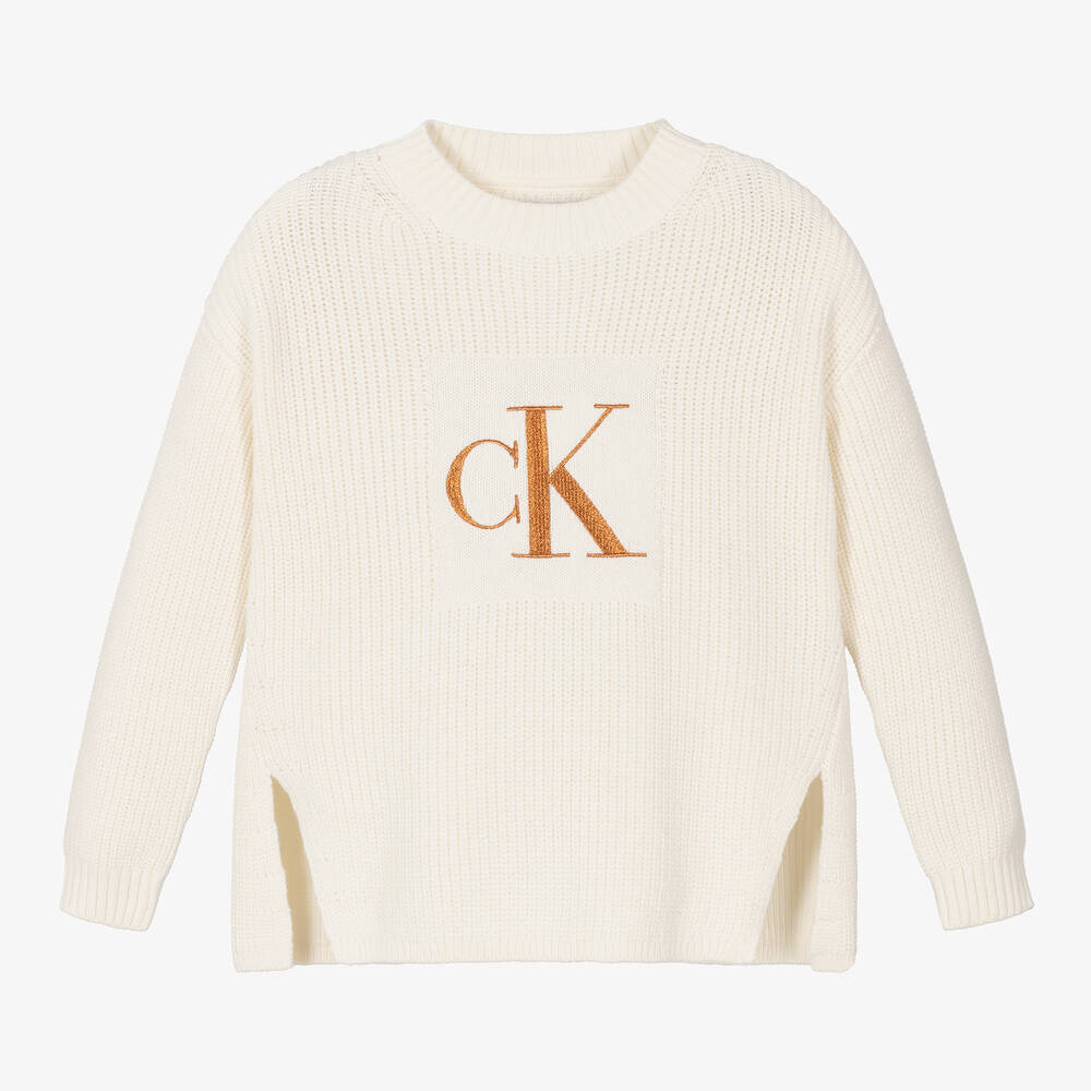 Calvin Klein - بلوفر قطن محبوك لون عاجي للبنات | Childrensalon