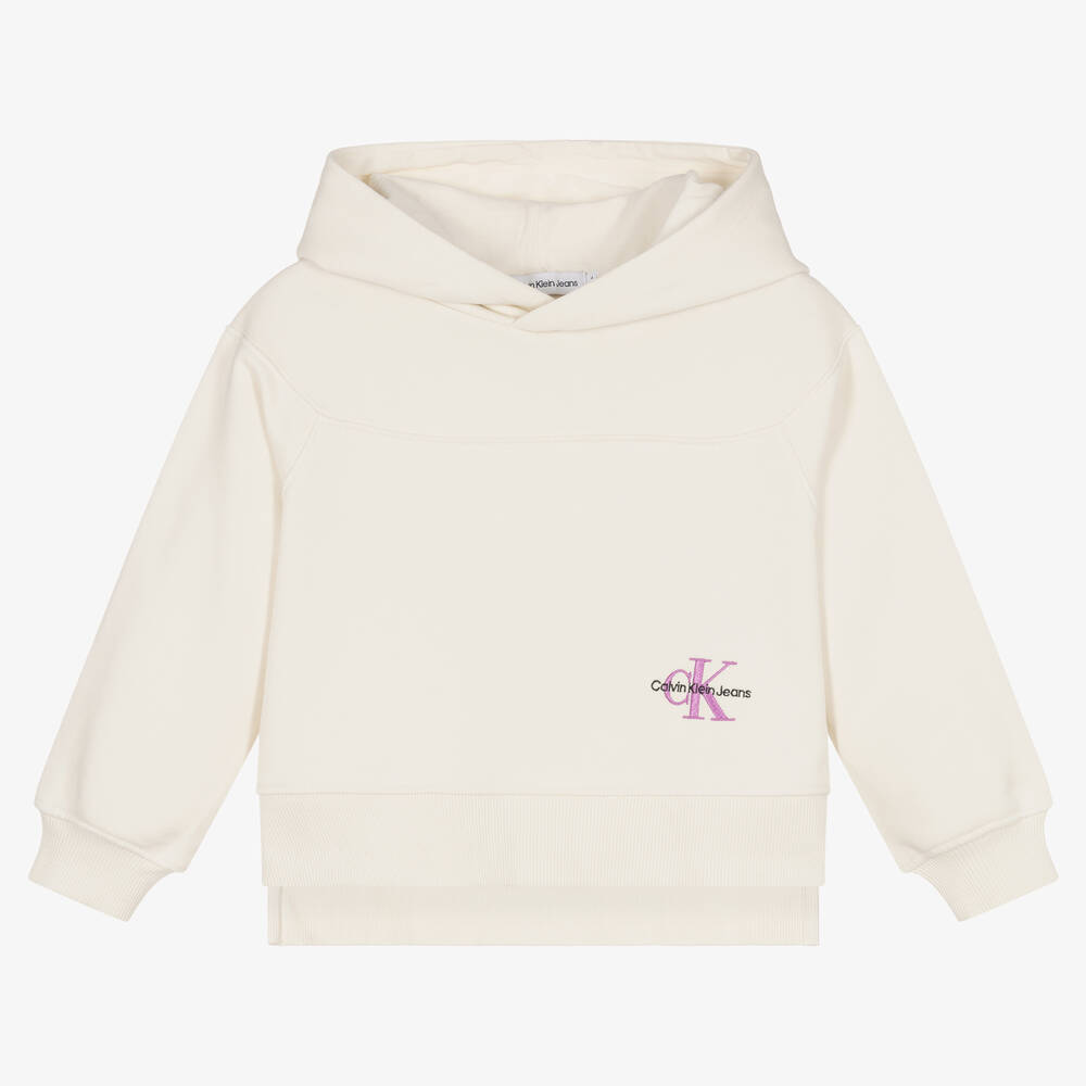 Calvin Klein Jeans-توب هودي قطن جيرسي لون عاجي للبنات | Childrensalon Outlet