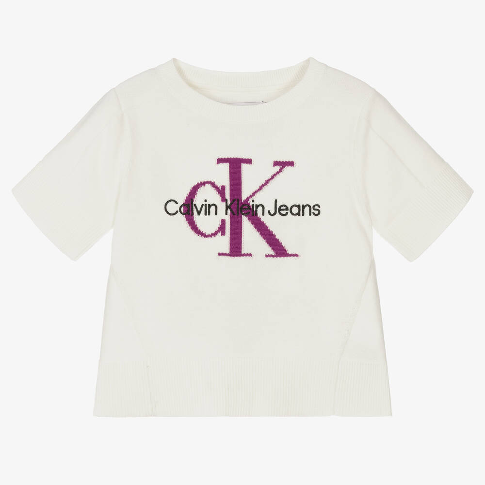 Calvin Klein Jeans - Girls Ivory Cotton Logo Knit Top | Childrensalon